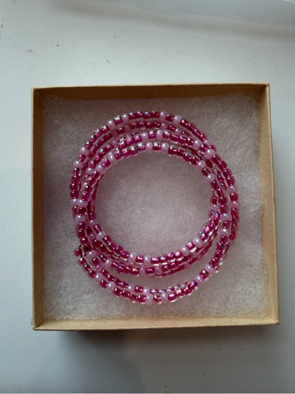 Pink Beaded Memory Wire Wrap Bracelet Multi Layer Coil Cute